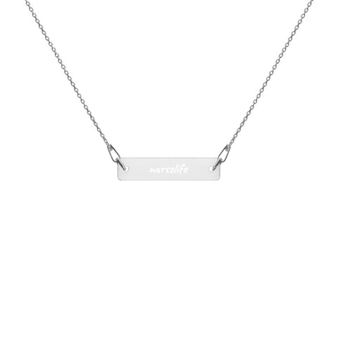 NurseLife - White Rhodium Coat - Engraved Silver Bar Chain Necklace