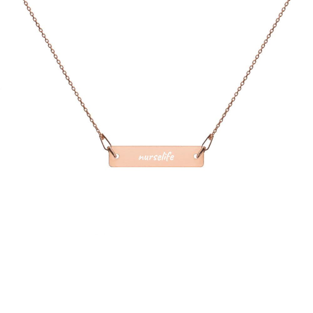 NurseLife - 18k Rose Gold Coat - Engraved Silver Bar Chain Necklace