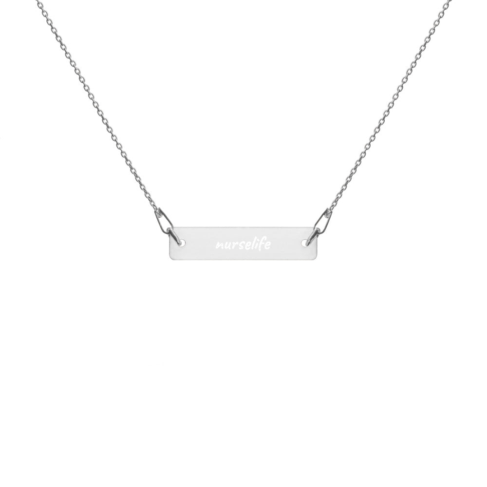 NurseLife - White Rhodium Coat - Engraved Silver Bar Chain Necklace