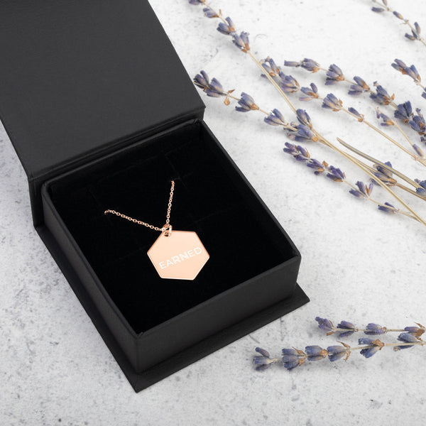 eaRNed - 18k Rose Gold Coat - Engraved Silver Hexagon Necklace